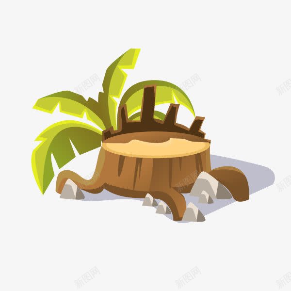 椰子树叶和木桩卡通图png免抠素材_新图网 https://ixintu.com 卡通 手绘图 木块 木桩 树木 椰子树 绿叶