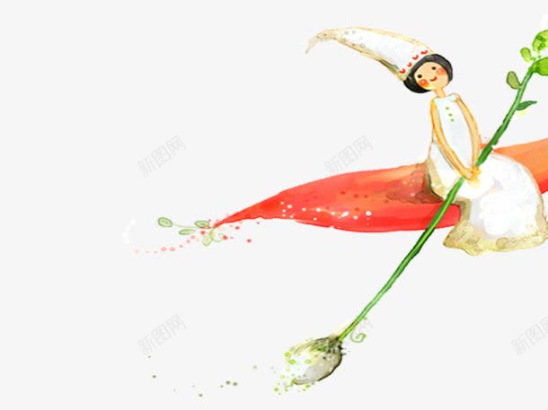 花瓣上的小女孩png免抠素材_新图网 https://ixintu.com 卡通人物 卡通女孩 手绘人物 手绘植物 手绘花瓣 白色 红色 绿色