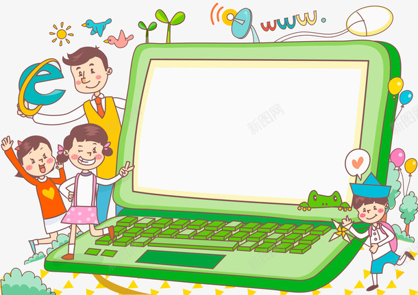 卡通电脑png免抠素材_新图网 https://ixintu.com 女孩 彩色 手绘 浏览器 男孩 绿色 计算机 键盘