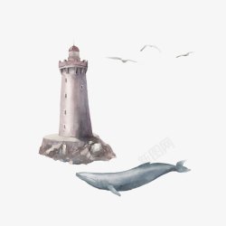 水彩灯塔与鲸素材