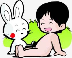 卡通可爱白兔和光屁股男孩素材