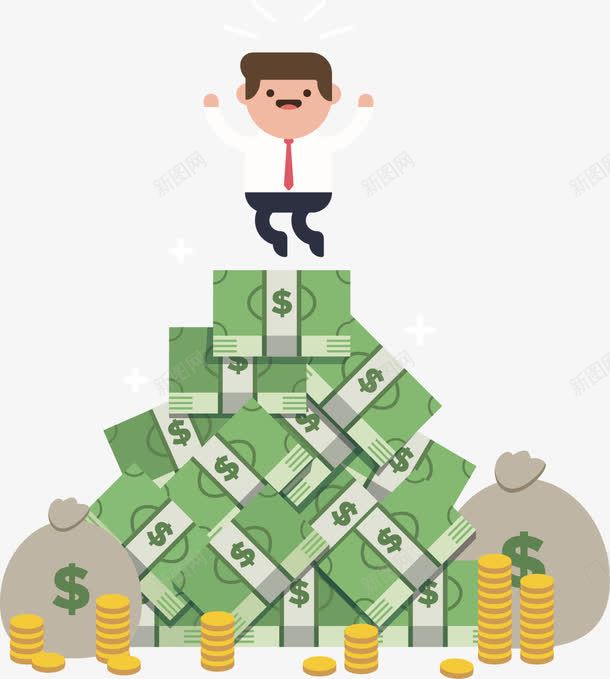 手绘站在钱堆上的男人png免抠素材_新图网 https://ixintu.com 扁平 手绘 货币 金币 钱