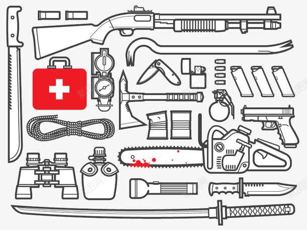 卡通防僵尸生存包png免抠素材_新图网 https://ixintu.com 刀 医药包 手枪 生存包 电锯