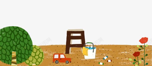 沙地绿树凳子png免抠素材_新图网 https://ixintu.com 卡通凳子 沙地 玩具车 绿树 花朵