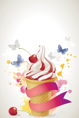 樱桃冰淇淋夏季凉爽海报背景矢量图背景