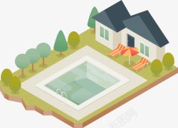 立体泳池手绘带游泳池的房子高清图片