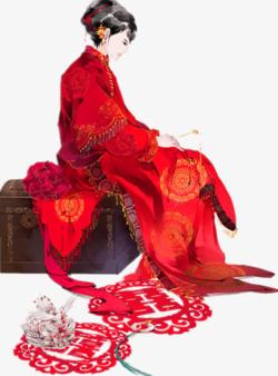 垂目的红衣新娘古风手绘素材