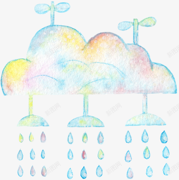 水彩雨点和云朵图案png免抠素材_新图网 https://ixintu.com 下雨 云朵 小草 手绘图 水彩 简图 装饰 雨点