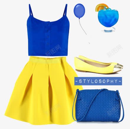 蓝色吊带和黄色半身裙png免抠素材_新图网 https://ixintu.com 服装搭配 蓝色吊带 黄色半身裙