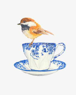 手绘茶杯小鸟图案素材