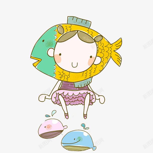 坐着的女孩png免抠素材_新图网 https://ixintu.com 创意的 卡通 坐着的 坐着的小朋友 小女孩 小鱼 漂亮的 鲨鱼