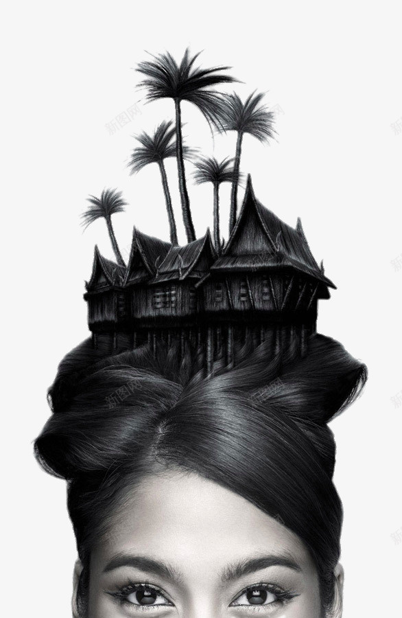 创意头发上的房子png免抠素材_新图网 https://ixintu.com png图片素材 人物 免费png素材 创意头发上的房子 椰子树