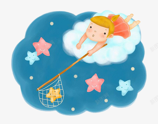 孩子捉星星png免抠素材_新图网 https://ixintu.com 云朵 卡通 孩子 星星