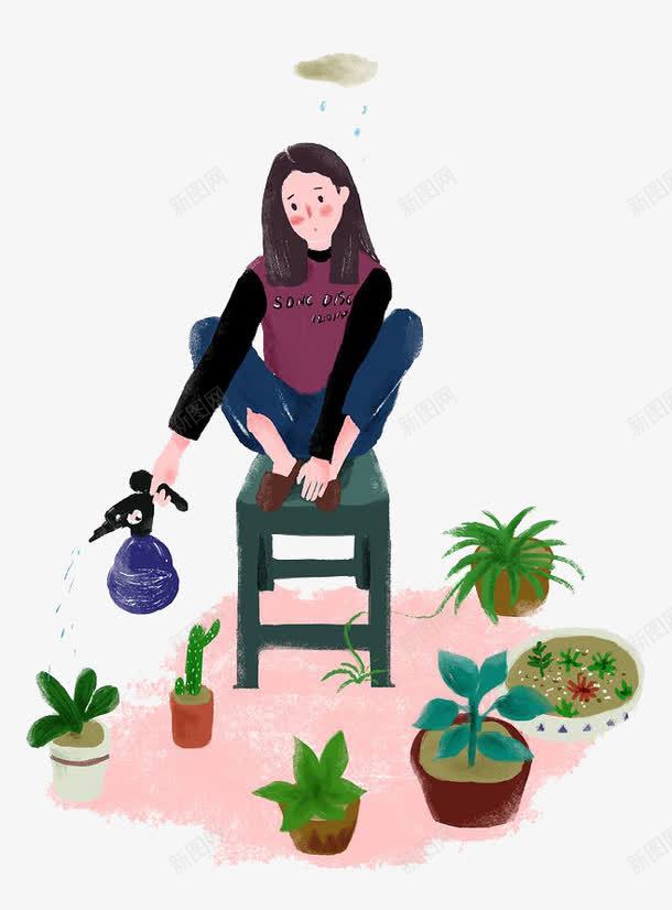 卡通女孩png免抠素材_新图网 https://ixintu.com 卡通 可爱 女孩 手绘 植物 水彩 浇花 短发 装饰