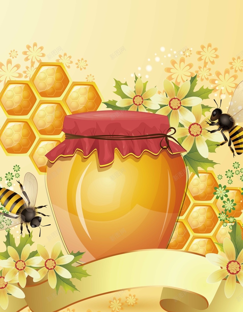 蜂蜜背景装饰矢量图ai设计背景_新图网 https://ixintu.com 矢量背景装饰 蜂蜜 蜜罐 蜜蜂 金黄色 矢量图