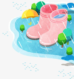水彩手绘插图下雨天水洼中的雨靴素材