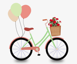 粉色篮子卡通手绘自行车上的花篮高清图片