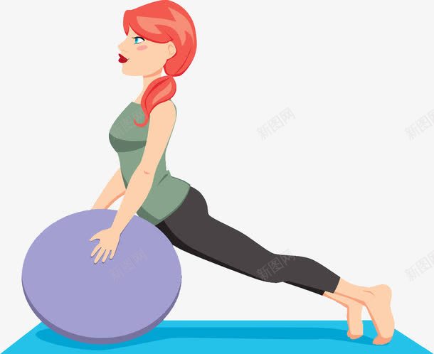 玩瑜伽球的女人png免抠素材_新图网 https://ixintu.com 健身 瑜伽垫 瑜伽球 红色头发 绿色上衣 运动