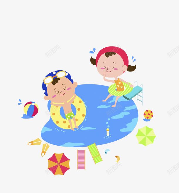 游泳的孩子png免抠素材_新图网 https://ixintu.com 享受的 卡通 小孩 手绘 插图 泳圈 游泳的 高兴地
