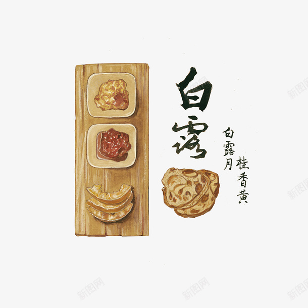 手绘白露节气食材插画psd免抠素材_新图网 https://ixintu.com 手绘插画 白露毛笔字体 白露节气 食材手绘