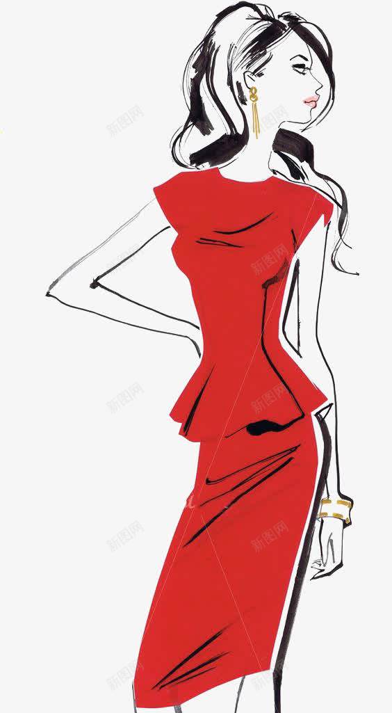 红裙子女孩png免抠素材_新图网 https://ixintu.com 卡通 卷发 女孩 手绘 插画 红裙子 线条