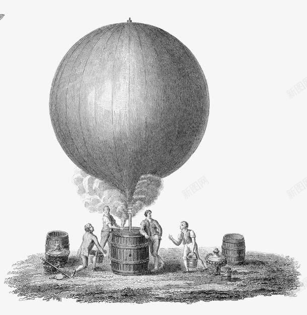 热气球的发明png免抠素材_新图网 https://ixintu.com 人物 插画 热气球 黑白