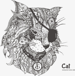 手绘花纹酷拽猫矢量图素材