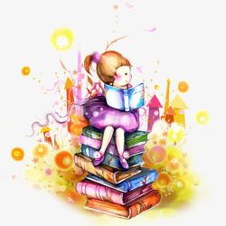 水彩坐在书堆上看书的小女孩素材