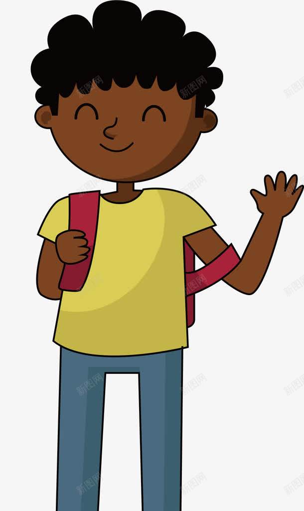 可爱的黑人男孩png免抠素材_新图网 https://ixintu.com 可爱男孩 打招呼 新生入学 矢量png 背书包 黑人男孩