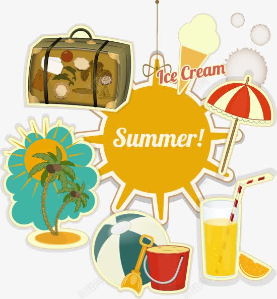 夏日旅行元素png免抠素材_新图网 https://ixintu.com 夏日旅行矢量元素冰淇淋遮阳伞帽子