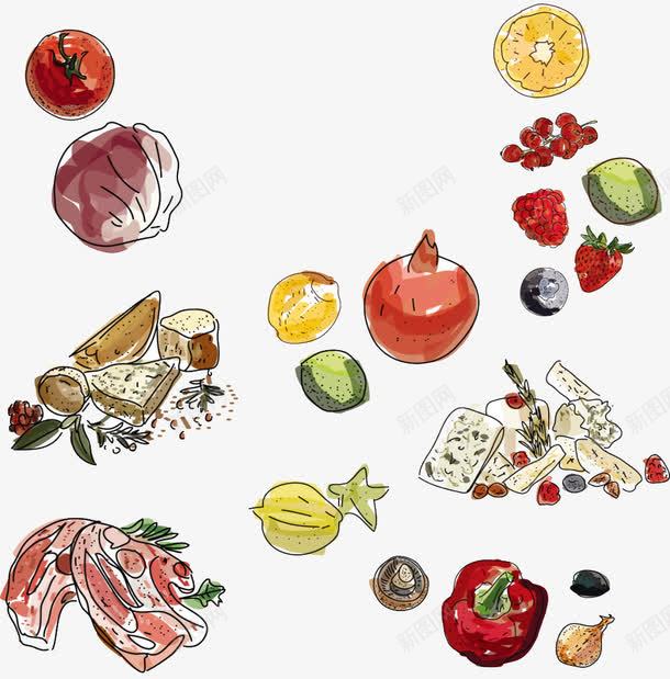 手绘各式食物png免抠素材_新图网 https://ixintu.com 手绘食物 水果 肉类 食物