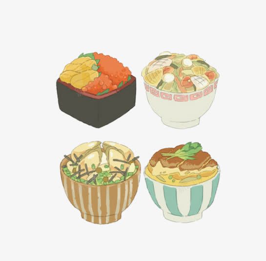 四碗食物png免抠素材_新图网 https://ixintu.com 拌饭手绘 插画 食材 食物 饭