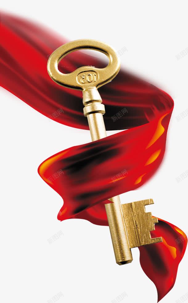 红色彩带金色锁钥装饰psd免抠素材_新图网 https://ixintu.com 红色彩带金色锁钥装饰配景