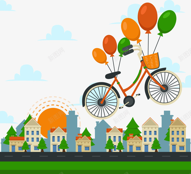 手绘绑着气球飞起来的自行车矢量图ai免抠素材_新图网 https://ixintu.com 手绘 气球 自行车 矢量图