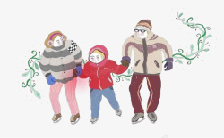 卡通手绘一家人冬季旅游素材
