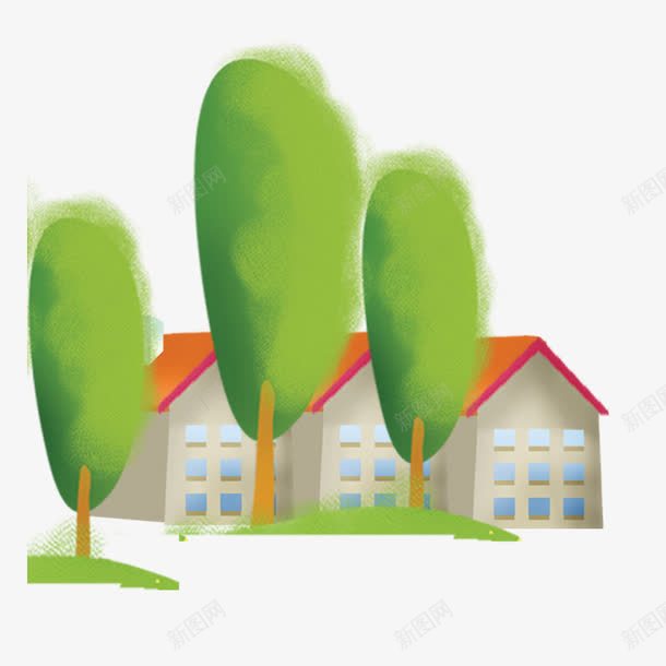 绿树房子png免抠素材_新图网 https://ixintu.com 卡通 叶子 房子 房顶 手绘 树木 红色的 绿色的