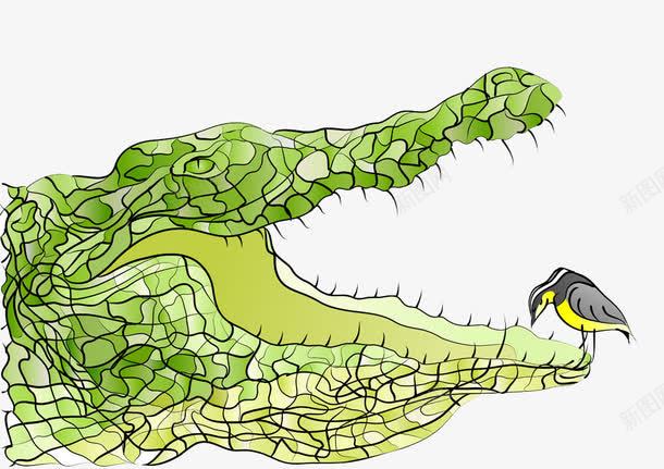 鳄鱼嘴上的小鸟png免抠素材_新图网 https://ixintu.com 凶猛 卡通 小鸟 手绘 挑食 插画 绿色 鳄鱼嘴