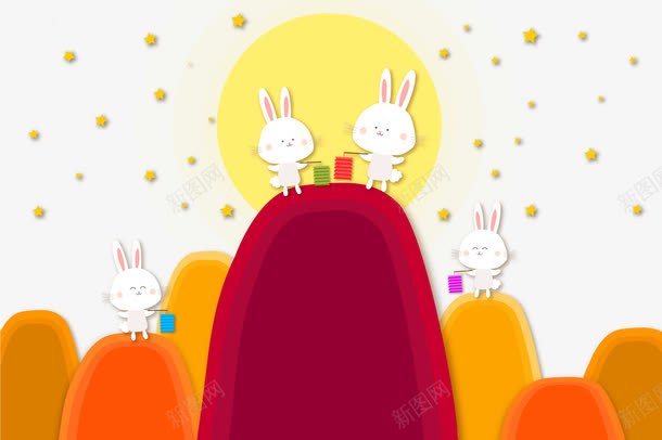 可爱的小兔子png免抠素材_新图网 https://ixintu.com PNG免抠图下载 Q版 山峰 月亮 装饰 长耳朵兔