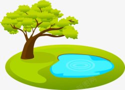 池塘元素卡通池塘树高清图片