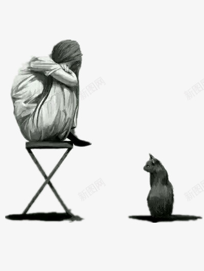 猫与女孩png免抠素材_新图网 https://ixintu.com 凳子 卡通 手绘 黑色