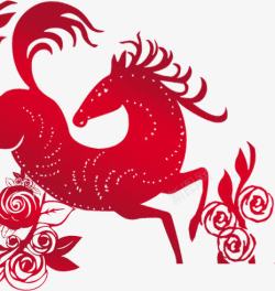 红色手绘中国风小马剪纸素材