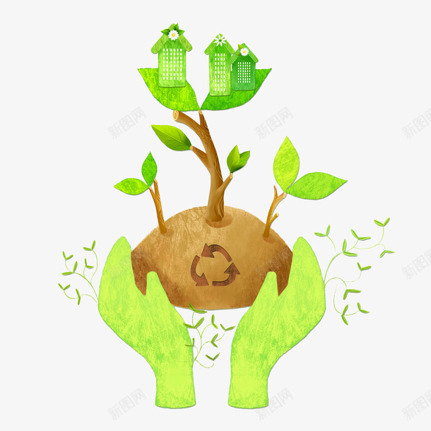 棕色袋子png免抠素材_新图网 https://ixintu.com 发芽 循环标志 手绘 手臂 树干 根茎 环保 绿叶 绿色