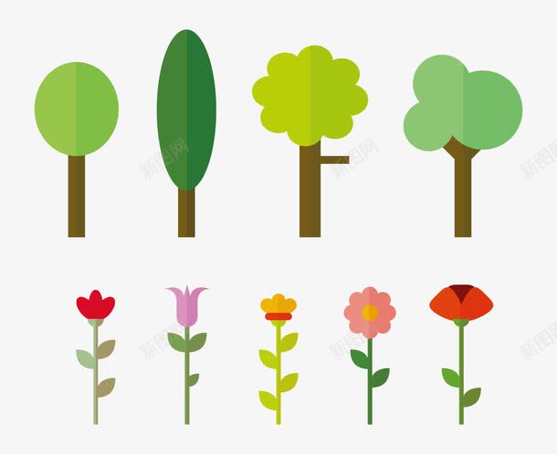 绿色的树和五颜六色的花png免抠素材_新图网 https://ixintu.com 五颜六色 卡通手绘 树 绿色 花