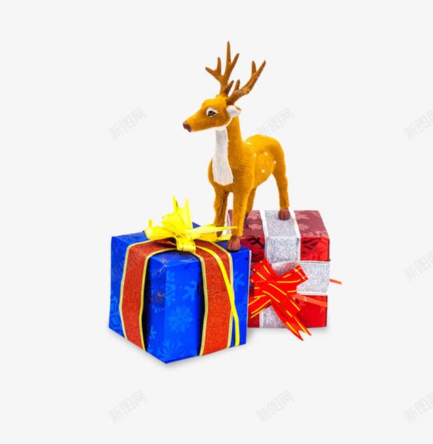 圣诞礼物和鹿png免抠素材_新图网 https://ixintu.com 圣诞节 小鹿 彩色包装盒 玩具