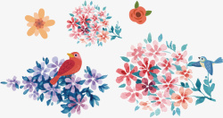 水彩鲜花小鸟插图素材