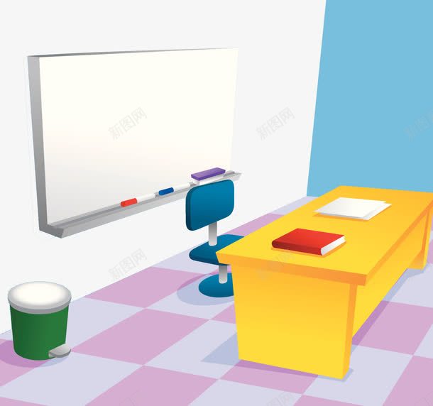 教室插画png免抠素材_新图网 https://ixintu.com 书本 垃圾桶 白板 讲台 课室
