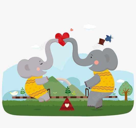 公象母象用鼻子示爱png免抠素材_新图网 https://ixintu.com 小象 爱心 跷跷板