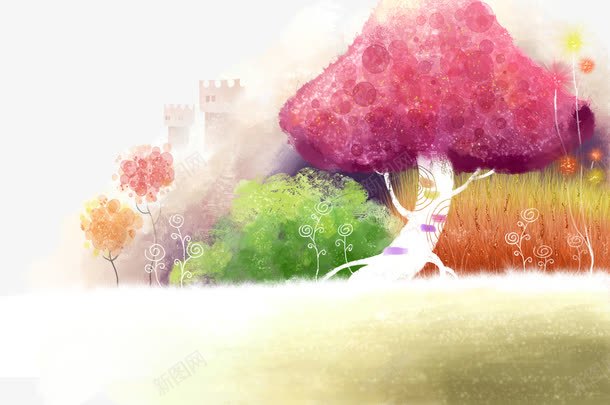 水彩画装饰背景png免抠素材_新图网 https://ixintu.com 彩色 树 紫色 蘑菇