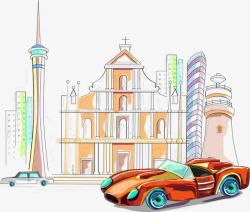 跑车与城市插画素材