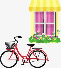 红色自行车与窗户素材